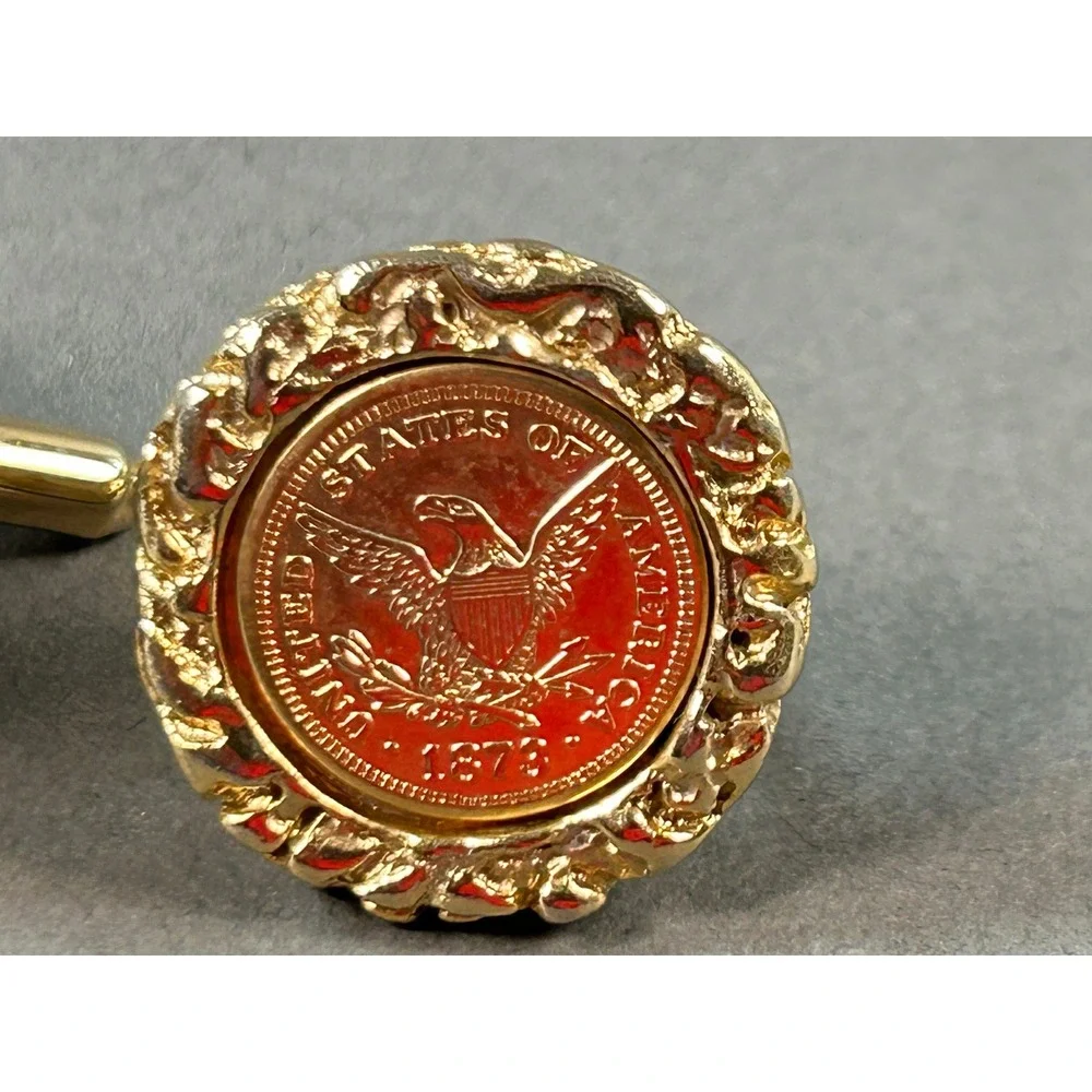 Vintage US Eagle Coin Cufflinks Replica1878 Motif Gold Tone Round Patriotic